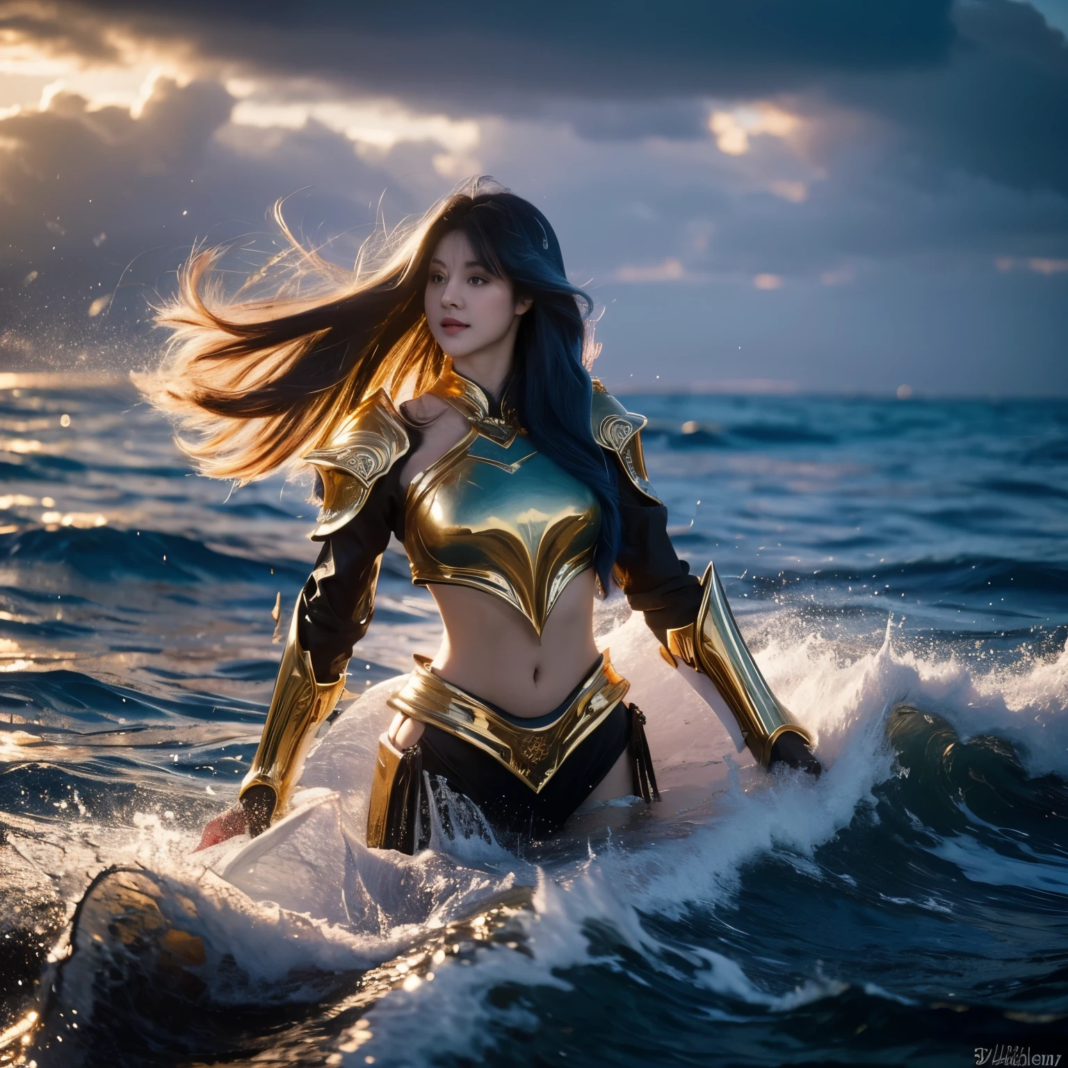 (8k RAW Photo, high detail, crisp detail, rich detail), vonzy, vonnyfelicia, blue haired, young sea goddess, creating big tidal wave in the middle of ocean, big breast, sexy golden armor, big tidal wave background