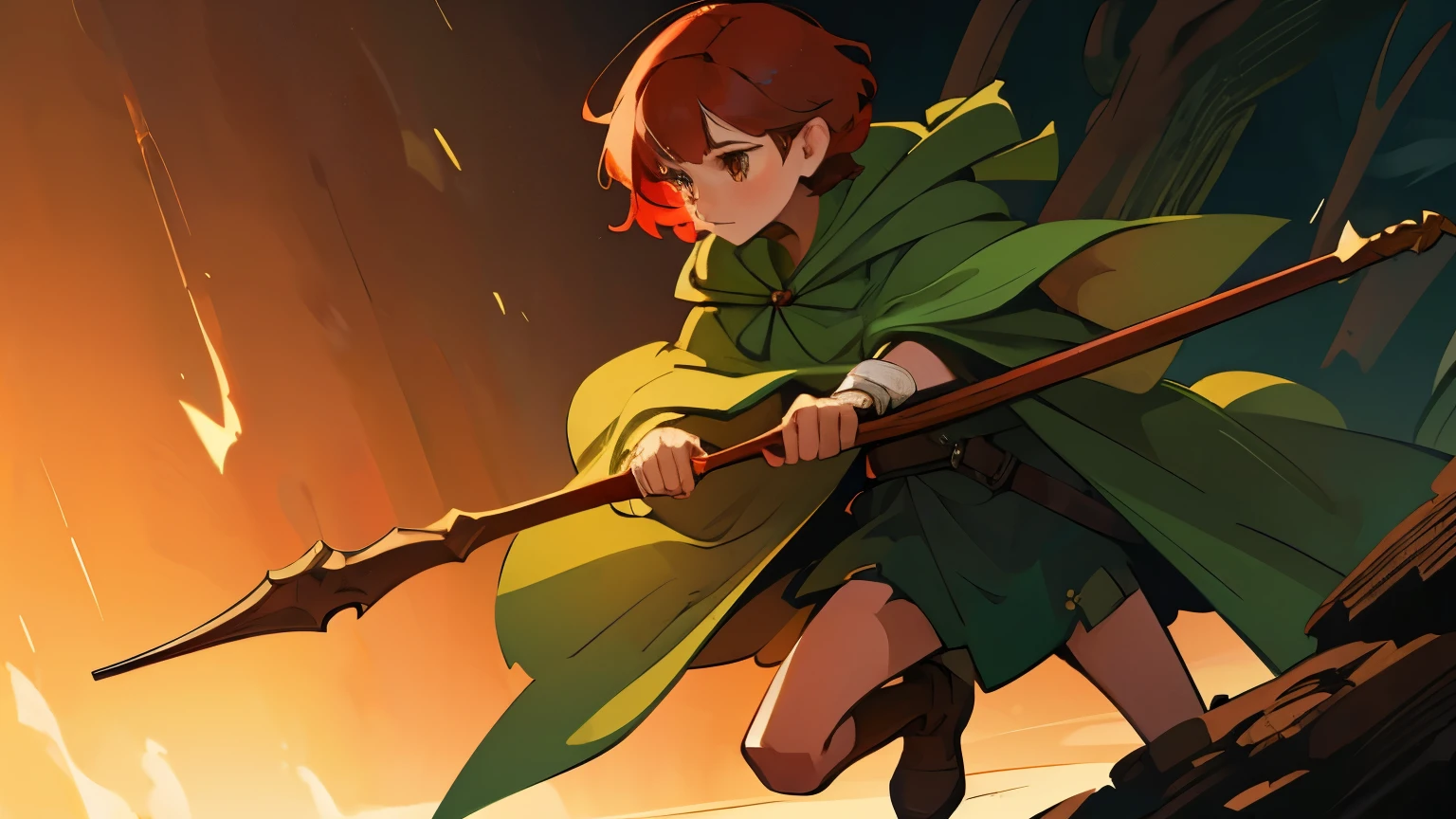 women with short red hair, green long gothic hooded cape with gold buckle, red scarf, brown eyes, wooden twisted staff, fantasy