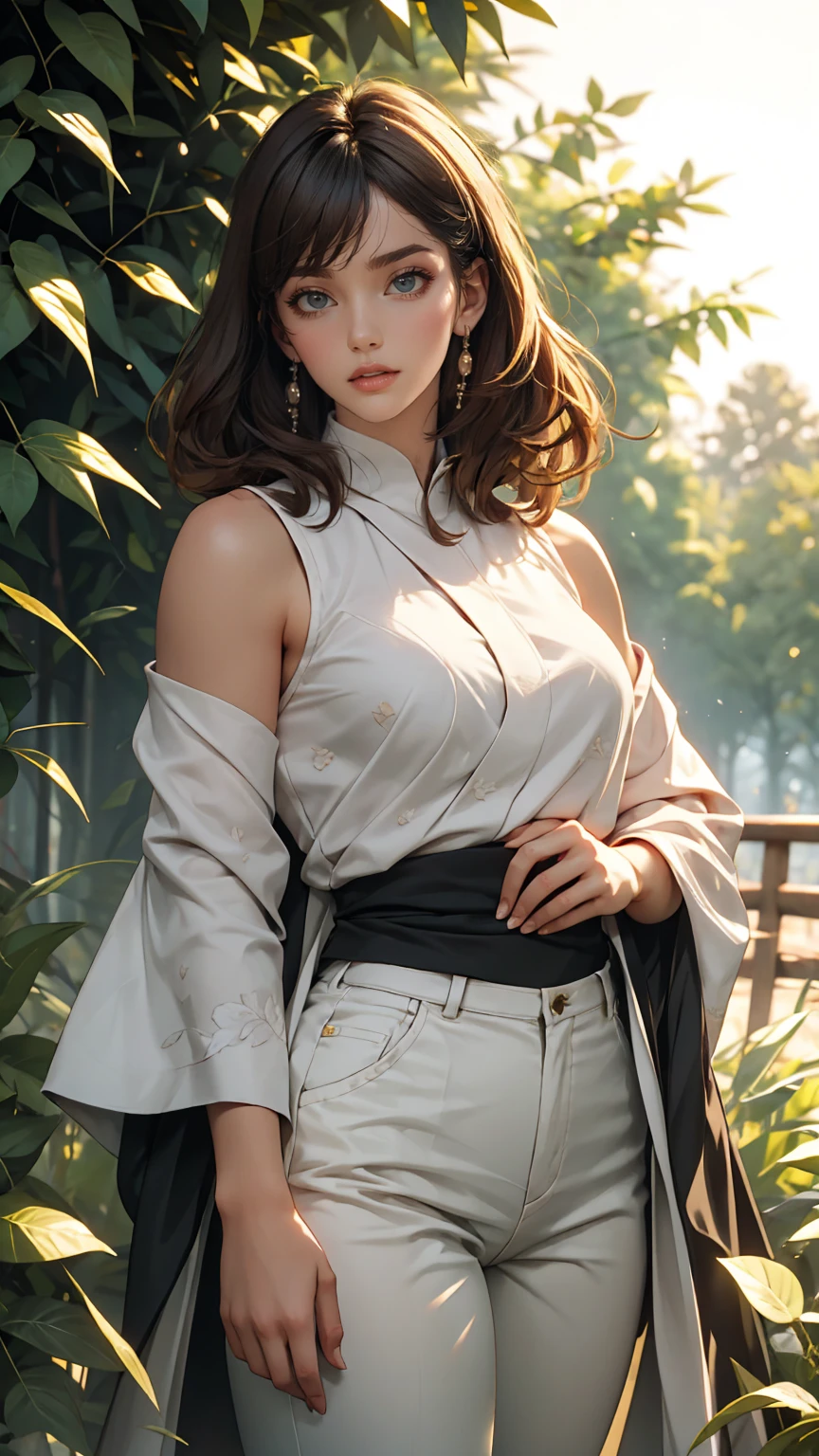 8k, highest quality, masterpiece, Very detailed, Semi-realistic, girl, girl, 20-year-old, Look at your hands, Long dark brown hair with bangs, Curly Hair, Green Eyes, Black Japanese-style cut clothes, White pants, Exposing shoulders, golden details, Thin body type, Cold look, Battle Scenes, Outdoor, Forest Background, Lots of trees and dark skies