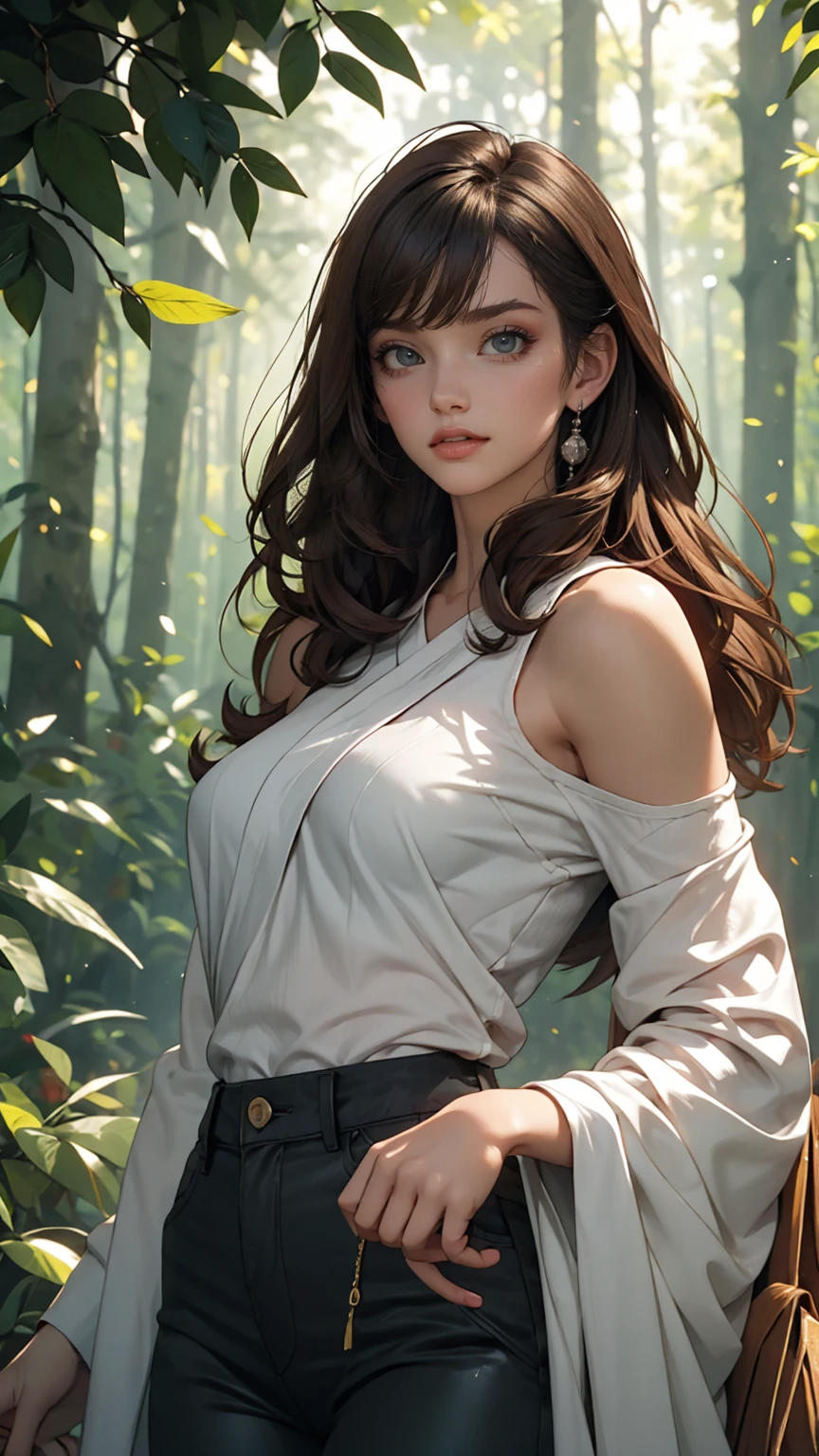 8k, highest quality, masterpiece, Very detailed, Semi-realistic, girl, girl, 20-year-old, Look at your hands, Long dark brown hair with bangs, Curly Hair, Green Eyes, Black Japanese-style cut clothes, White pants, Exposing shoulders, golden details, Thin body type, Cold look, Battle Scenes, Outdoor, Forest Background, Lots of trees and dark skies