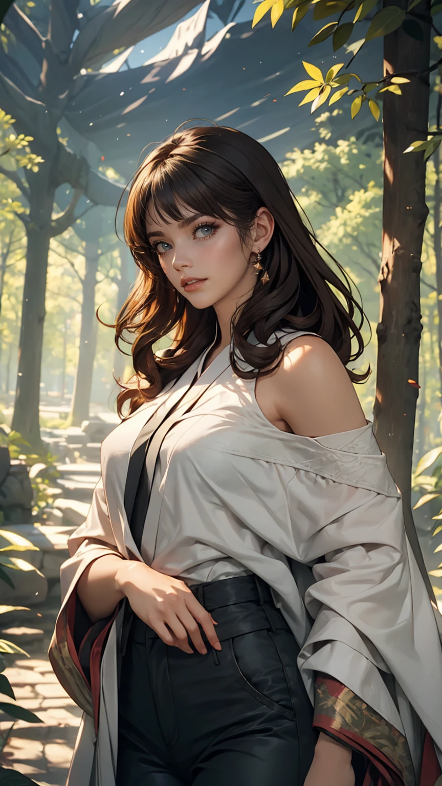 8k, highest quality, masterpiece, Very detailed, Semi-realistic, girl, girl, 20-year-old, Look at your hands, Long dark brown hair with bangs, Curly Hair, Green Eyes, Black Japanese-style cut clothes, White pants, Exposing shoulders, golden details, Thin body type, Cold look, Battle Scenes, Outdoor, Forest Background, Lots of trees and dark skies