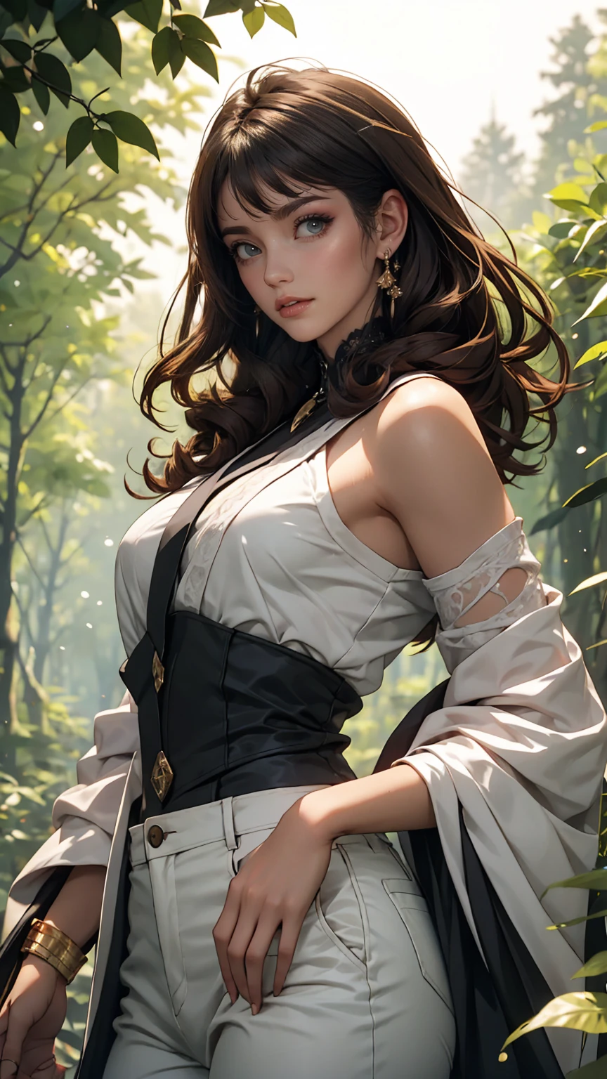 8k, highest quality, masterpiece, Very detailed, Semi-realistic, girl, girl, 20-year-old, Look at your hands, Long dark brown hair with bangs, Curly Hair, Green Eyes, Black Japanese-style cut clothes, White pants, Exposing shoulders, golden details, Thin body type, Cold look, Battle Scenes, Outdoor, Forest Background, Lots of trees and dark skies