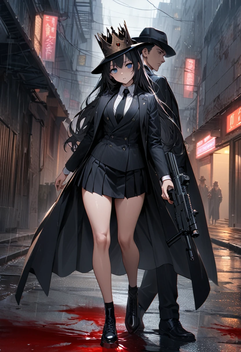 Masterpiece, Improved quality, High quality, Good anatomy, Healthy body, Whole fingers, Normal digits, 4k quality image, Girl, beautiful girl, perfect body, full body, perfect girl, back-length black hair, blue eyes, empty eyes, small breast, hat fedora with crown, black shirt, heavy rain, thunder strike, black suits, black long jacket, black mini skirt, black tie, black shoes, she is holding a submachine gun, male and female human corpsese, pool of blood, blood splatter, there was someone behind her wearing the same clothes and they were holding a submachine gun, in a city alley.
