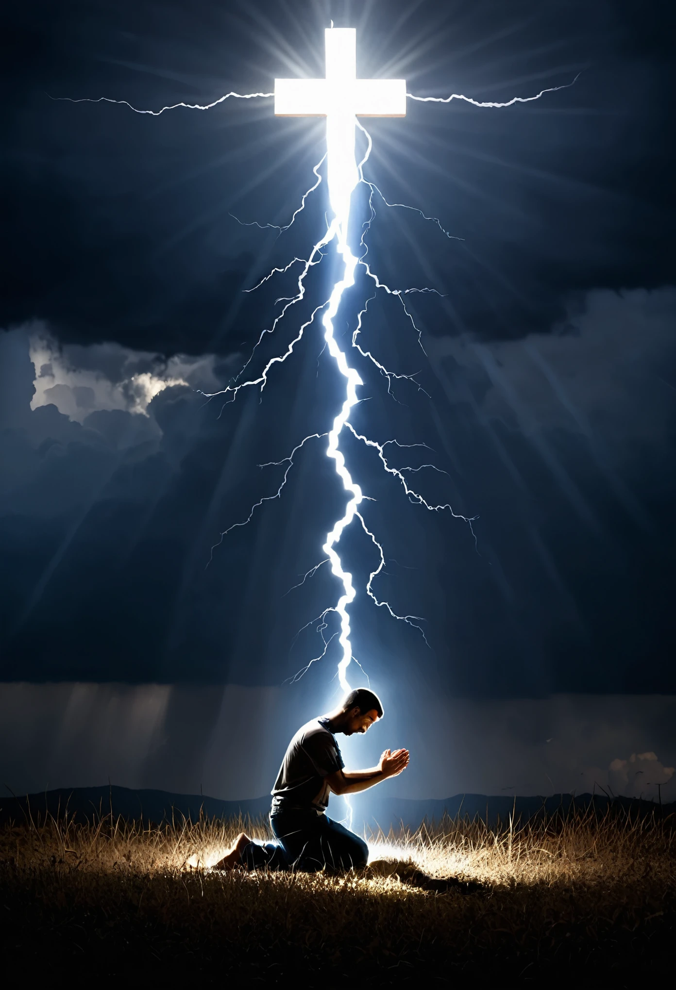 Man praying and cross shining with light and thunder
