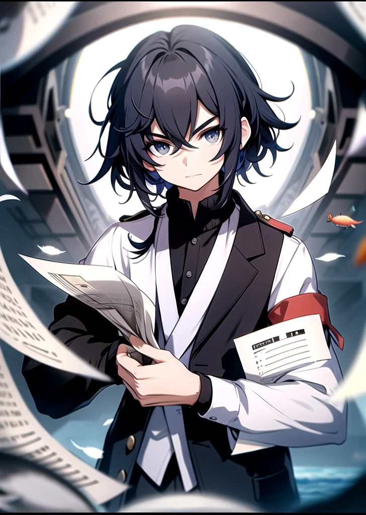 A black hair guy holding a paper, looking at the viewers, paper front to the viewer. In a fish eye lens view. High quality