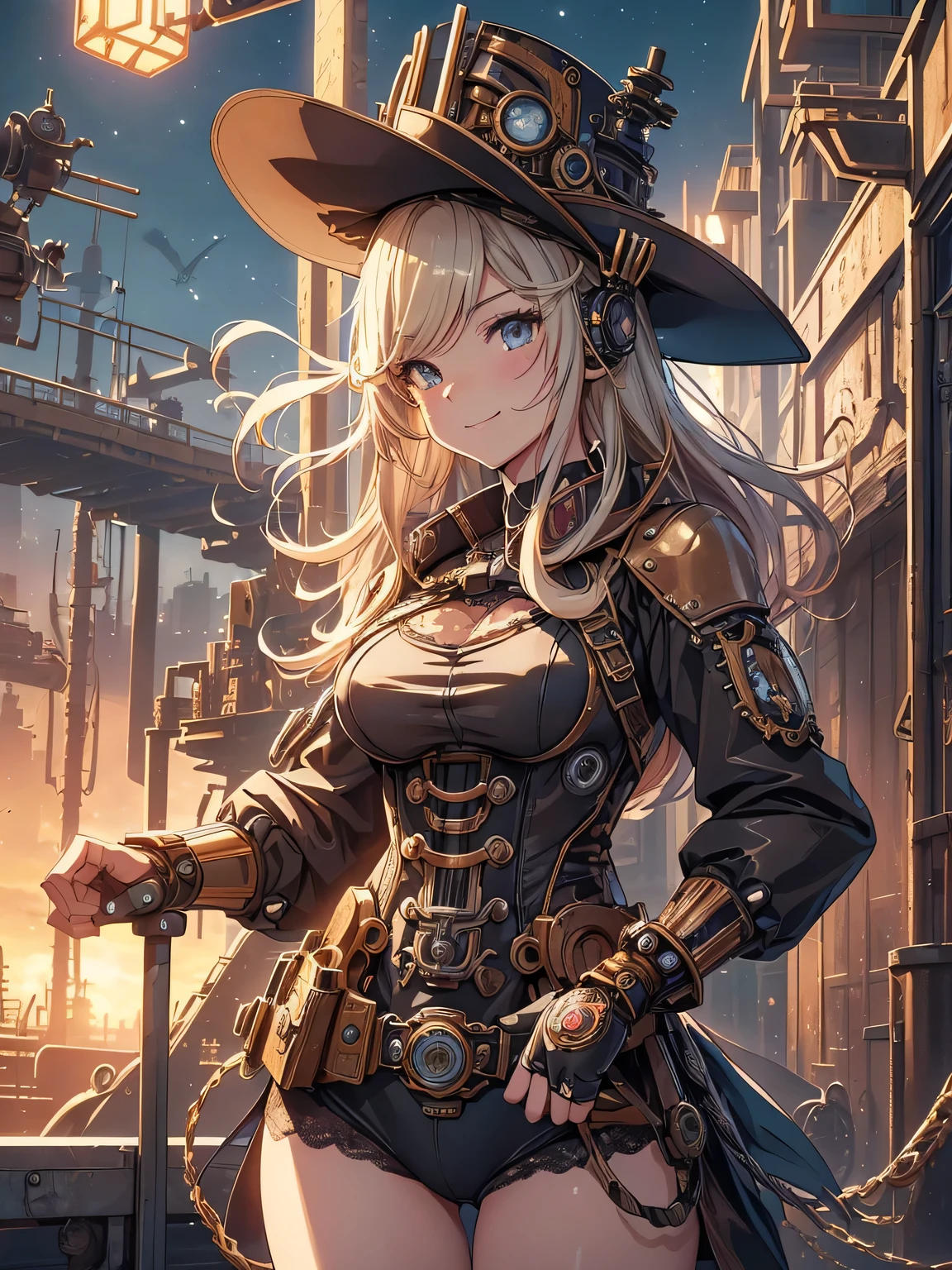 (Line art_anime),(Cowboy Shot,Low Angle, highest quality, ),(Laura Budd Photos:1.2),(Laura Add details:1.0),8k, Flat Color:0.8,1 girl,smile,(Highly decorative and complex mechanical steampunk fashion, Lace flare dolphin hat、Goggles 1.5、machinery background、Gear background、An elaborately mechanized steampunk cityscape 1.5),