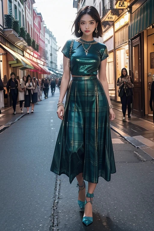 highest quality, Very detailed, masterpiece, 1 person,woman,(((成人womanの完璧な体))),Very beautiful face, Very beautiful body,Very beautiful eyes,(Perfect Makeup:1.1), (((Very beautiful hair))),One-length haircuts,Shaggy Hair,Ash Brown Hair:1.3, Slender Body Style,Smart Abs, Black lace blouse,Blue and green tartan check long skirt,anklet,Elegant high heels,A kind smile,Full body portrait,(Urban background:1.3), (Shiny skin),(Earrings),