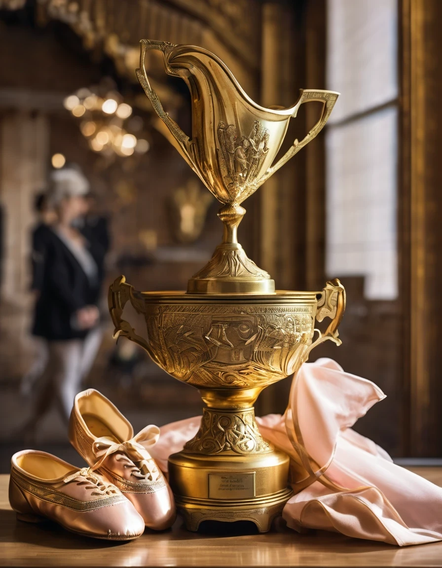 A huge golden trophy with engraved text,A small mountain of worn-out ballet shoes of all kinds,A photo of a ballet dancer