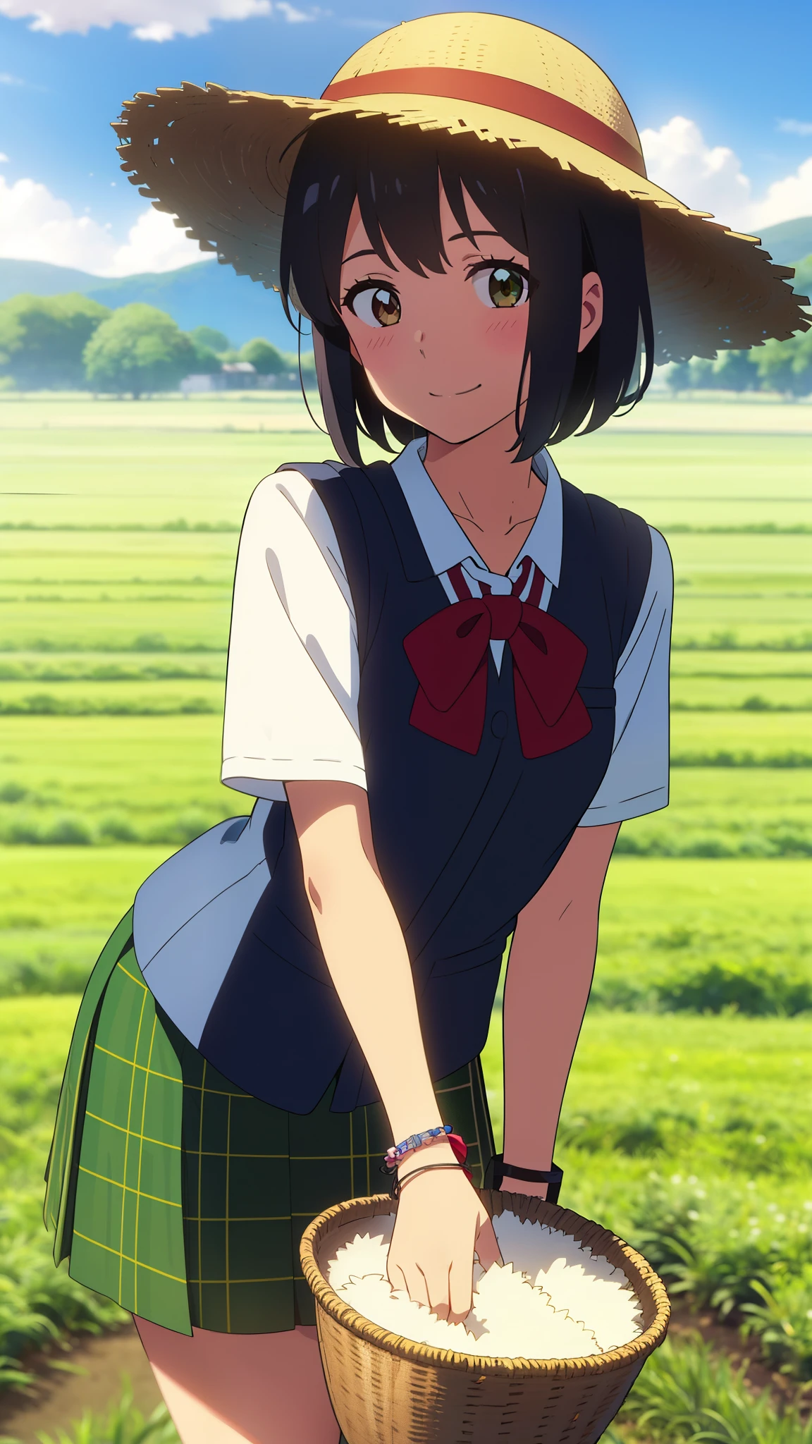 shinkai makoto, kimi no na wa., 1girl, bangs, black hair, blush, bright eyes, brown eyes, red headband, red ribbon, bracelet, short hair, cute, beautiful, shinny skin, looking at viewer, smile, cute, solo, casual shirt, t-shirt, green skirt, plaid skirt, outdoors, in the forest, gloves, field of wheat, straw hats, clouds, blue sky, Paddy field, Rice seedlings are beautiful in the field, holding a bunch of rice, Hillside, upper-body