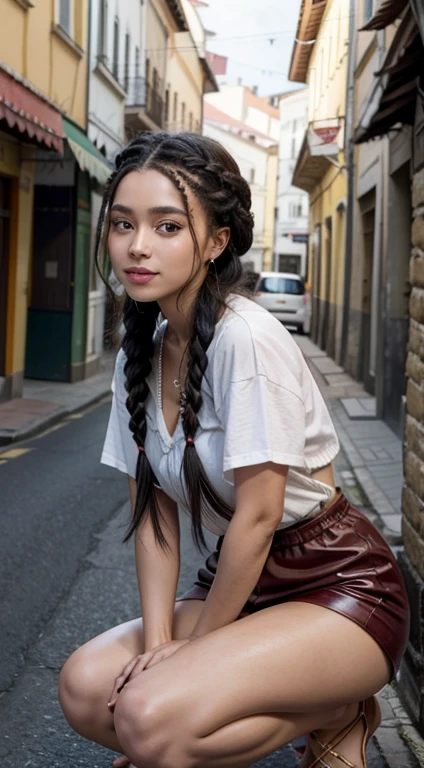 
Uma mulher peituda de shorts em pe Andano justos na rua da cidade, altar shoes filled with sauto and hair braided into a complex, elegant style is portrayed in a stunning scene. Your braided hair displays a variety of patterns and textures, demonstrating skill and art in creating the hairstyle.

The woman is portrayed with a confident posture, sorridente e orgulhosa, destacando sua beleza e autenticidade. Your facial features are distinct and expressive, reflecting your individuality and inner strength.

The scene is softly lit, highlighting the details of the braided hair and the beauty of the woman. Your presence is captivating, conveying a sense of grace and determination.

This depiction of a black woman with braided hair is a celebration of black culture and beauty., capturing the elegance and pride of a traditionally significant hairstyle. na rua na praca