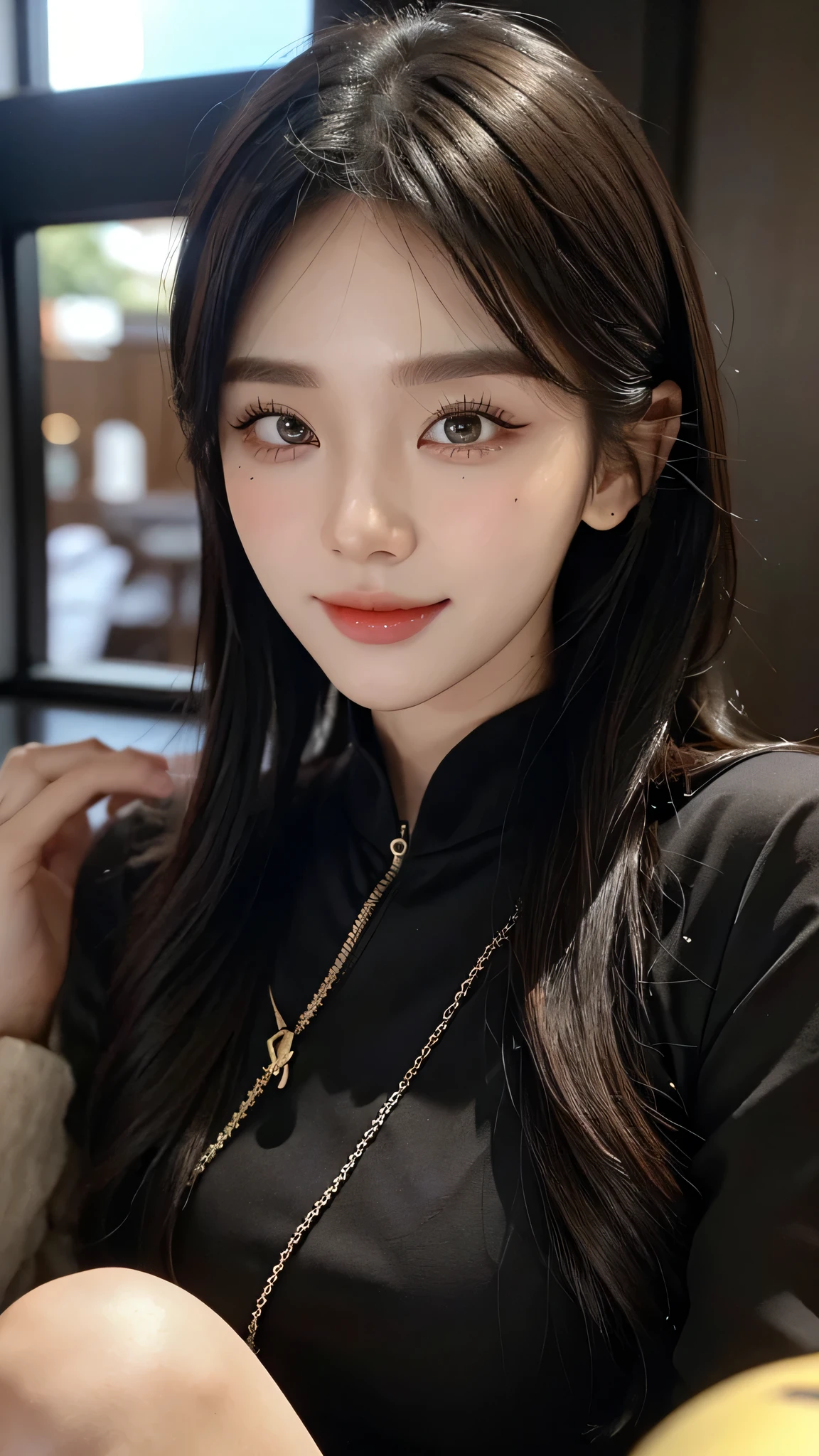 ​masterpiece、top-quality)、1 beautiful girl、((Wearing black sunglasses )), (Detailed beautiful eyes), ((Detailed skin)) , ((Detailed medium hair)), inside the black villa、((Boyish Brown Medium Hair))、((Smaller face))、((Neutral face))、((Face seen from the side))、((Light brown eyes))、((Korean Girl))、((18year old))、((cool lady))、((A shy smile on his face))、((Korean Makeup))、((elongated and sharp eyes))、((Happy dating))、((boyish))、((Shot from the same height as your face)、inside the black villa ), ((CG rendering)), ((Blurred background)), ((16K)),  ((Very detailed)), ((wallpaper)), ((depth of field))