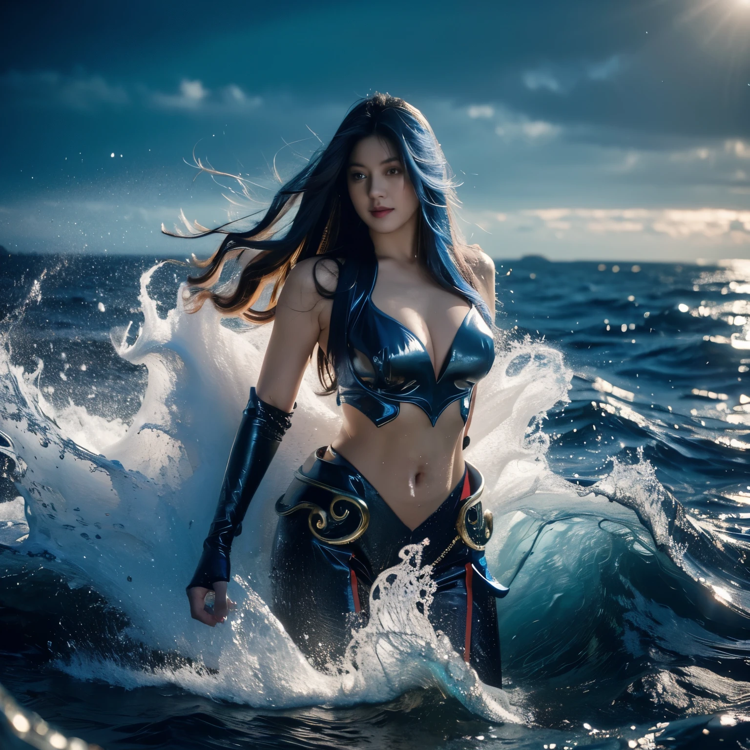 (8k RAW Photo, high detail, crisp detail, rich detail), vonzy, vonnyfelicia, blue haired, young sea goddess, creating big tidal wave in the middle of ocean, big breast, sexy golden armor,giant octopus behind,kraken,tidal wave background