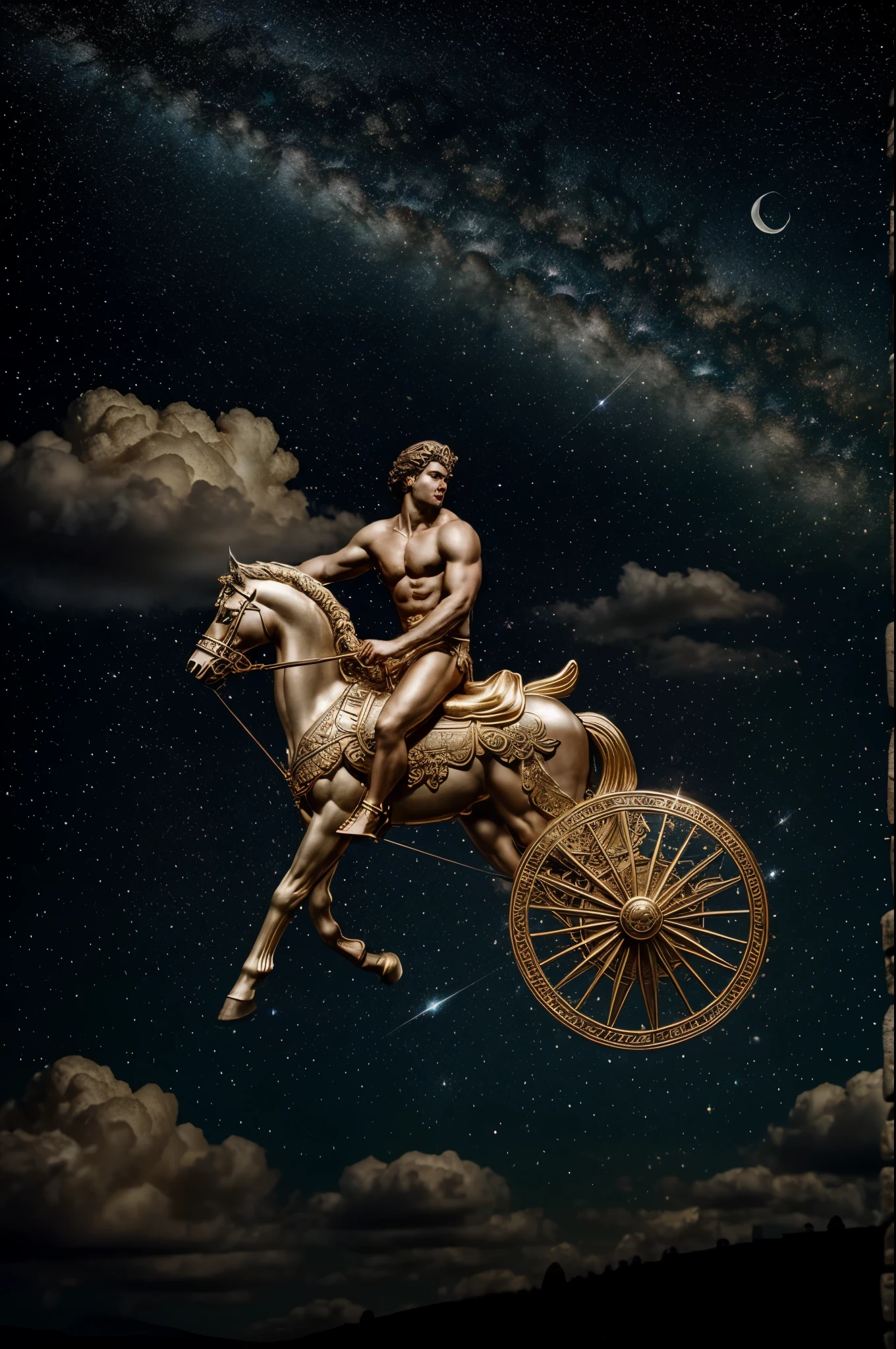 Classical constellation chart style, Greek mythology, a handsome, strong, young and naked male god is sitting on a gorgeous carriage flying in the clouds and mist. He has gorgeous golden ornaments and countless constellation-themed tattoos on his body, in a magnificent and painting-like black Night sky background, stars, moon, temple, clouds, full of details, masterpiece,