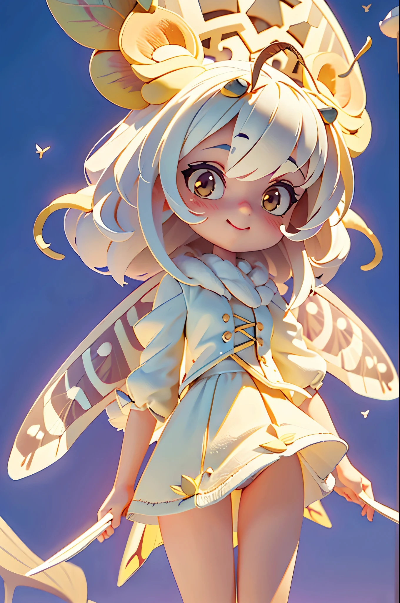 solo,1woman\(cute,kawaii,small kid,skin color white,short white hair,(big moth wing hair:1.7),white dress\(beautiful race\),(2moth antennaes at hair:1.8),smile,[moth wing on back:2.0],[moth wing on body:2.0],[moth wings:2.0],[extra arm],moth wing is only at hair,breast,dynamic pose\),background\(night,moon,((beautiful street light))\), BREAK ,quality\(8k,wallpaper of extremely detailed CG unit, ​masterpiece,hight resolution,top-quality,top-quality real texture skin,hyper realisitic,increase the resolution,RAW photos,best qualtiy,highly detailed,the wallpaper,cinematic lighting,ray trace,golden ratio,\),full body,looking away