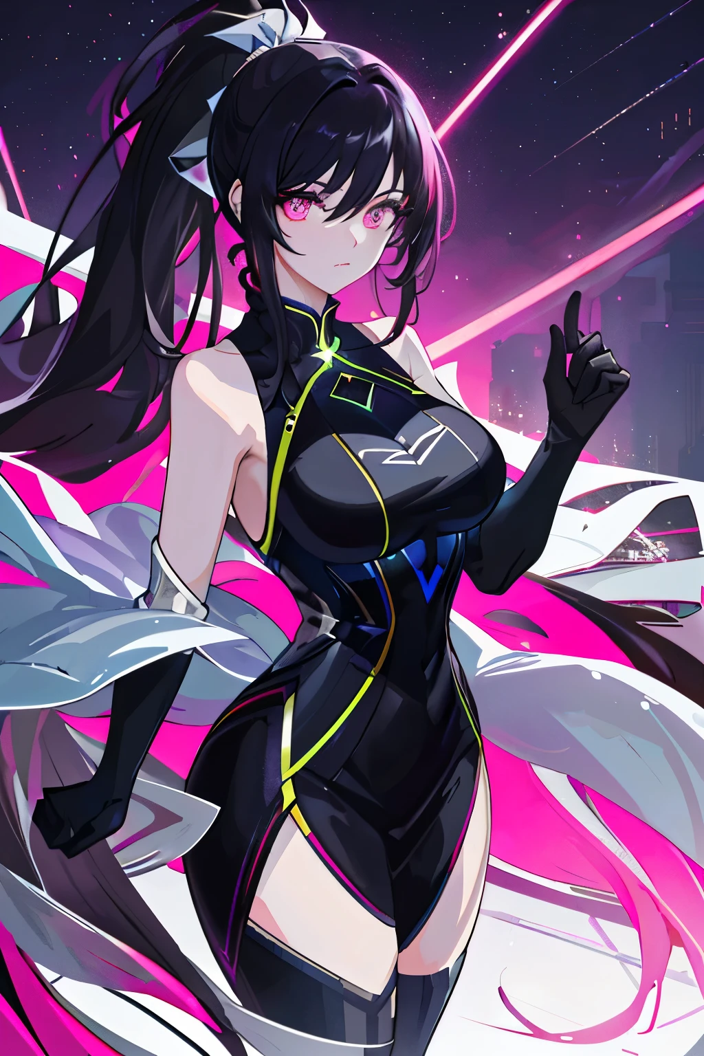 anime, masterpiece, ultra-detailed, high-contrast artwork, featuring a solo, full-bodied, plus-size woman from Brazil, standing on the edge of a towering skyscraper with long, silvery hair tied in a ponytail, her eyes as deep and radiant as ruby gems. She is dressed in a simple black qipao, accented by black cybernetics adorned with neon pink lights. Her transparent black socks add an ethereal touch.

The setting is the roof of the skyscraper, overlooking a city bathed in the soft glow of distant lights and low light pollution. The detailed background showcases the glimmering