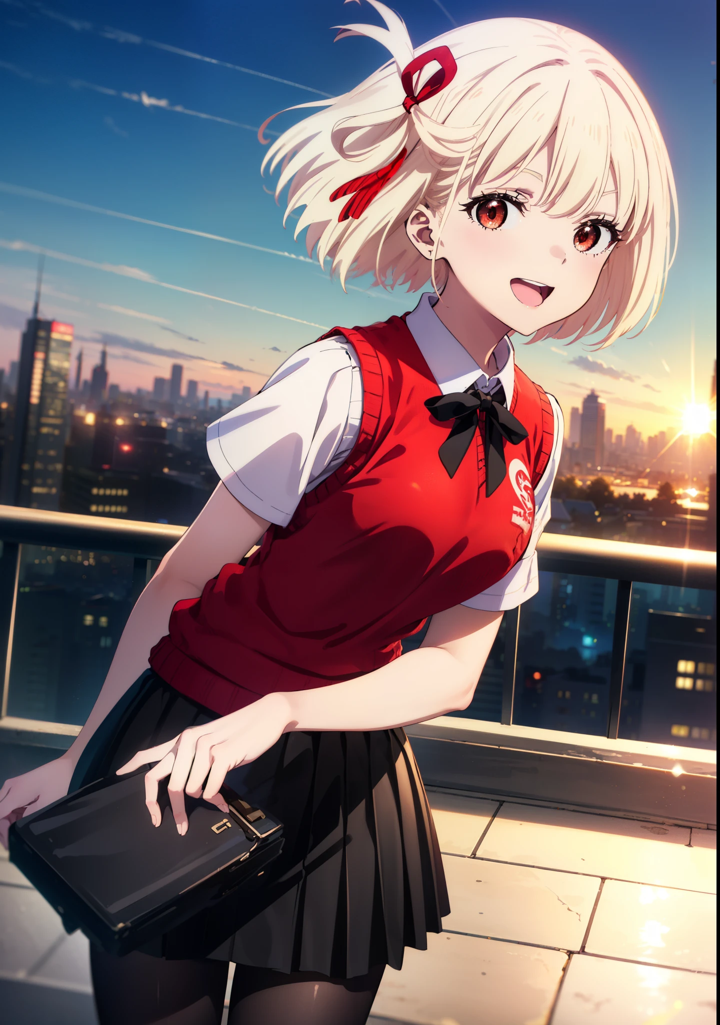 chisatonishikigi, Chisato Nishikigi, short hair, bangs, Blonde, (Red eyes:1.5), hair ribbon, One side up, Bobcut,happy smile, smile, Open your mouth,
white yシャツ, Short sleeve, Pleated skirt, socks, Collared shirt, mini skirt, Black pantyhose, (Black Skirt:1.5), Sweater vest, (red Sweater vest:1.5),Brown loafers,morning,morning陽,The sun is rising,
break outdoors, city,
break looking at viewer, (Cowboy Shot:1.5),
break (masterpiece:1.2), highest quality, High resolution, unity 8k wallpaper, (figure:0.8), (Beautiful fine details:1.6), Highly detailed face, Perfect lighting, Highly detailed CG, (Perfect hands, Perfect Anatomy),