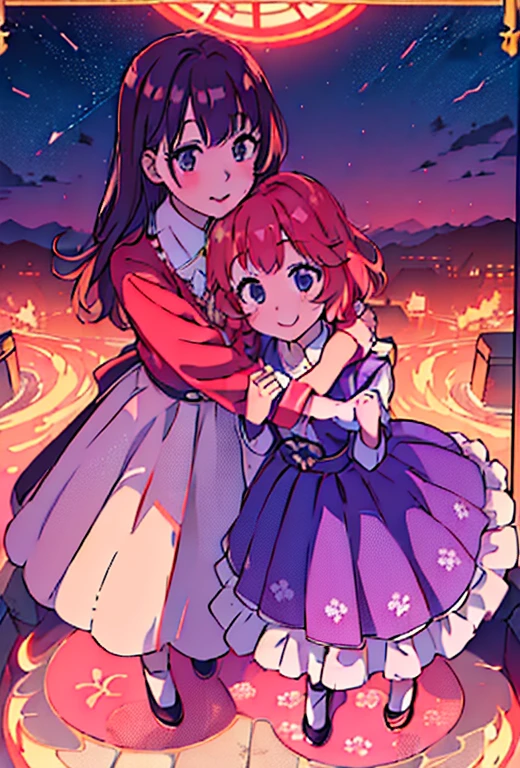 Anime picture of two girls, die sich in einem roten Kleid umarmen, Kyoto Animation key visual, Shirabii, Sankakucomplex Anime-Bild, 8k!, Kyoto Animation anime key visual, offizielle Kunst, offizieller Anime noch, Kyoto Animation still, in style of Kyoto Animation, offizielles Anime-Artwork, Kyoto Animation, offizielle Abbildung, a-1 Bilder, offizielles Studio-Anime-Standbild