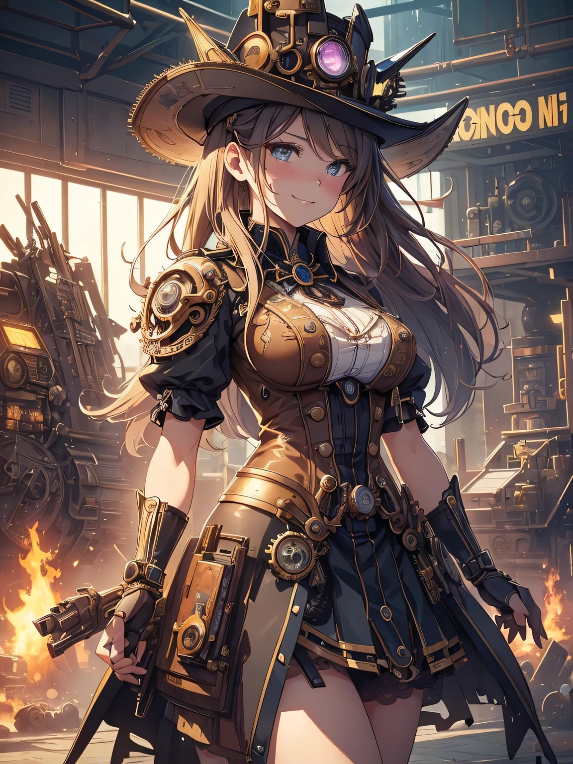 (Line art_anime),(Cowboy Shot,Low Angle, highest quality, ),(Laura Budd Photos:1.2),(Laura Add details:1.0),8k, Flat Color:0.8,1 girl,smile,(Highly decorative and complex mechanical steampunk fashion, Lace flare dolphin hat、Goggles 1.5、machinery background、Gear background、An elaborately mechanized steampunk cityscape 1.5),