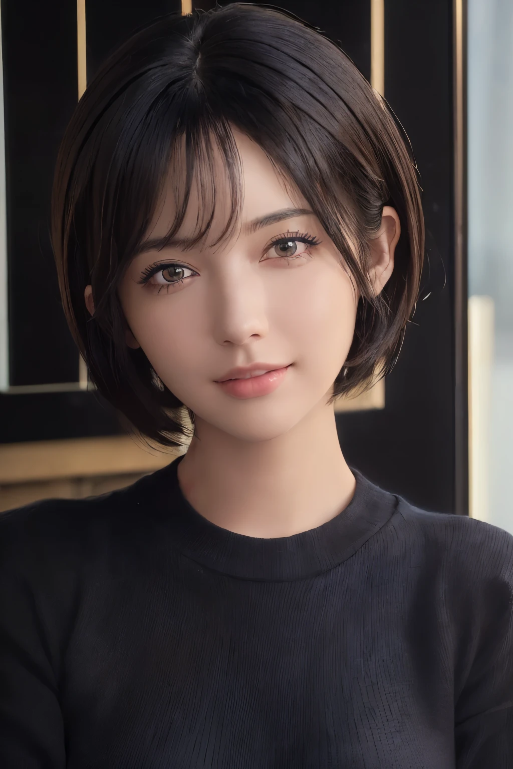 (masterpiece:1.3), (8k, photorealistic, RAW photo, best quality: 1.4), (1girl), beautiful face, (realistic face), (black hair, short hair:1.3), beautiful hairstyle, realistic eyes, beautiful detailed eyes, (realistic skin), beautiful skin, (sweater), absurdres, attractive, ultra high res, ultra realistic, highly detailed, golden ratio, smiling