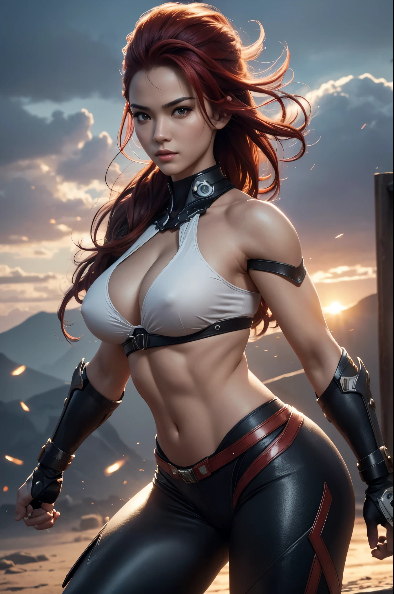 8K,A woman with a mechanical arm,Super Beauty(Realistic Skin),Martial Arts Posture,Powerful gaze,Muscular, slim body and lower body,Fearless smile,Red hair mohawk,Perfect Anatomy,charm,Volume measurement,Body balance,Digital single-lens reflex camera, Soft lighting, Detailed Background, Written boundary depth, Volumetric lighting, Sharp focus, Absurd, Realistic proportions, Excellent anatomy, (Realistic, 超Realistic:1.4), 16K HDR, dawn,A High Resolution,super Realistic 肌,Super beautiful expression,Fantasy art,Character Art,Wind effects:1.9、Cloud Effect:1.2、Full Rendering、Professional quality high resolution、Perfect contrast、Perfect lighting、Perfect composition、Perfect Skin、Perfect Fingers、Perfect breasts、Perfect Hair、Perfect Face、Realistic facial features,super highest quality,Slim figure,Perfect body line,Perfect hand shape,Anatomical body balance,Highly detailed face,Highly detailed eyes,Beautiful Lips,Excellent light particles,Cinema Lighting,Makeup,Ultra-high resolution,Ultra-Realistic Skin,Lightweight combat costume,BATTLE MODE,Throwing a fist,Attack the enemy,Arms with exposed frames,Deliver a powerful kick,