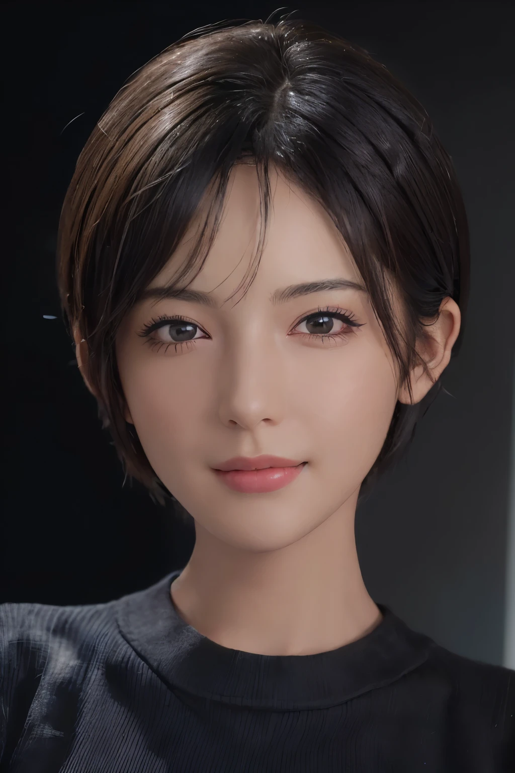 (masterpiece:1.3), (8k, photorealistic, RAW photo, best quality: 1.4), (1girl), beautiful face, (realistic face), (black hair, short hair:1.3), beautiful hairstyle, realistic eyes, beautiful detailed eyes, (realistic skin), beautiful skin, (sweater), absurdres, attractive, ultra high res, ultra realistic, highly detailed, golden ratio, smiling