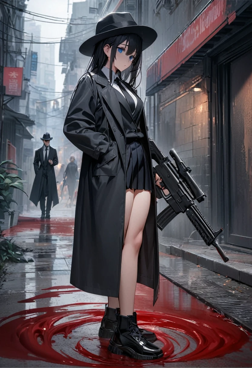 Masterpiece, Improved quality, High quality, Good anatomy, Healthy body, Whole fingers, Normal digits, 4k quality image, Girl, beautiful girl, perfect body, full body, perfect girl, long black hair messy back, blue eyes, empty eyes, small breast, hat fedora, black shirt, heavy rain with thunder strike, black suits, black long jacket, black mini skirt, black tie, black shoes, she is holding a submachine gun, male and female human corpsese, pool of blood, blood splatter, there was someone behind her wearing the same clothes and they were holding a submachine gun, in a city alley.