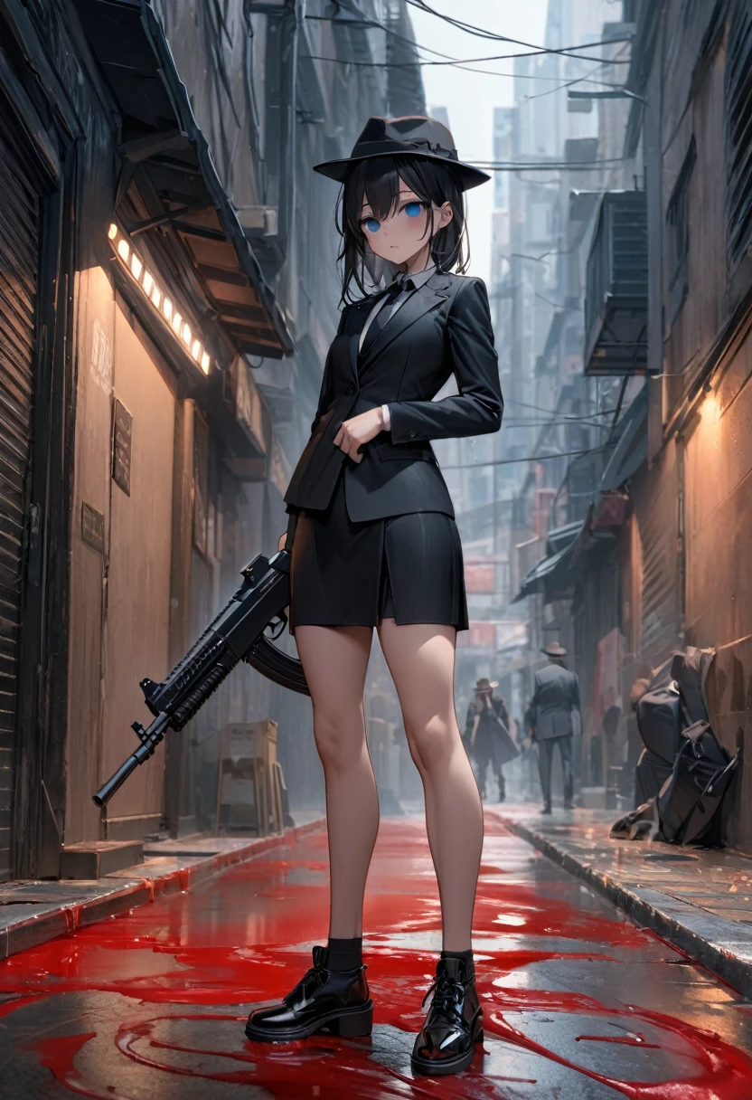 Masterpiece, Improved quality, High quality, Good anatomy, Healthy body, Whole fingers, Normal digits, 4k quality image, Girl, beautiful girl, perfect body, full body, perfect girl, long black hair messy back, blue eyes, empty eyes, small breast, hat fedora, black shirt, heavy rain with thunder strike, black suits, black long jacket, black mini skirt, black tie, black shoes, she is holding a submachine gun, male and female human corpsese, pool of blood, blood splatter, there was someone behind her wearing the same clothes and they were holding a submachine gun, in a city alley.