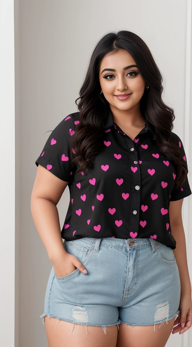 monali thakur Indian beautiful actress curvy plus size hour glass bulky figure woman, closeup camera view, wearing SHEIN LUNE Plus Size Summer Casual Random Heart Print Button-Front Shirt SKU: sz2403229989881898 GBP£9.49 GBP£10.99 -14% Including VAT shein club logo Join Free trial & this item save GBP£0.47 off Color: Black, different style hairstyle, bright eyes, thin eyebrows, fair skin, blushing cheeks, prefect head to toe view, full body view, SHEIN LUNE Plus Size Summer Casual Random Heart Print Button-Front Shirt SKU: sz2403229989881898 GBP£9.49 GBP£10.99 -14% Including VAT shein club logo Join Free trial & this item save GBP£0.47 off Color: Black, smile face, black hair, Indian face, perfect skin tone light, ultra realistic skin texture