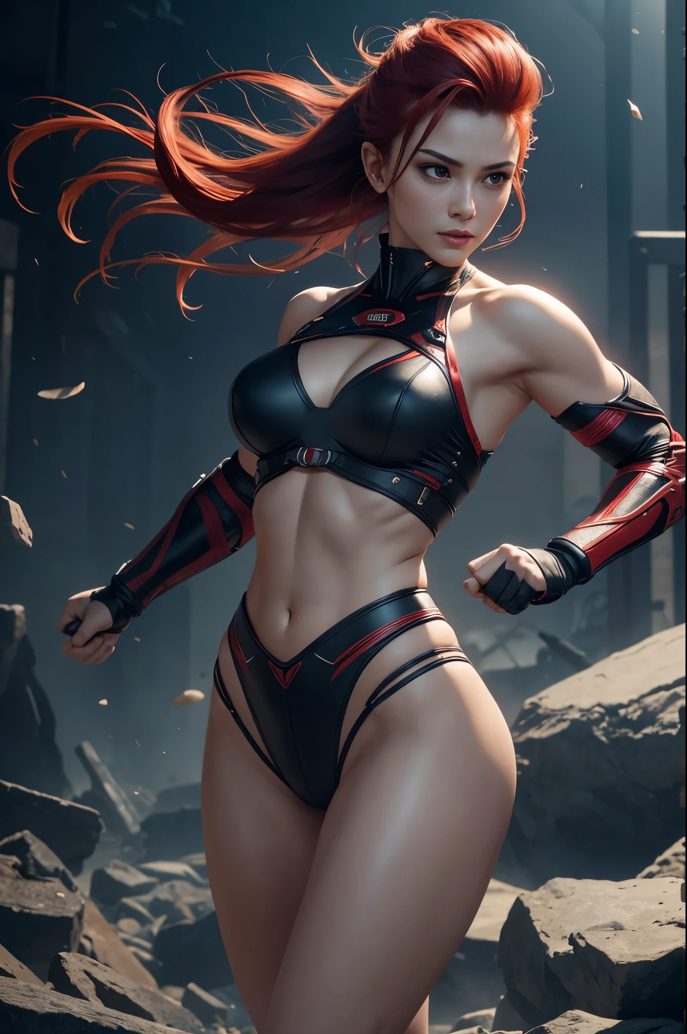 8K,A woman with a mechanical arm,Super Beauty(Realistic Skin),Martial Arts Posture,Powerful gaze,Muscular, slim body and lower body,Fearless smile,Red hair mohawk,Perfect Anatomy,charm,Volume measurement,Body balance,Digital single-lens reflex camera, Soft lighting, Detailed Background, Written boundary depth, Volumetric lighting, Sharp focus, Absurd, Realistic proportions, Excellent anatomy, (Realistic, 超Realistic:1.4), 16K HDR, dawn,A High Resolution,super Realistic 肌,Super beautiful expression,Fantasy art,Character Art,Wind effects:1.9、Cloud Effect:1.2、Full Rendering、Professional quality high resolution、Perfect contrast、Perfect lighting、Perfect composition、Perfect Skin、Perfect Fingers、Perfect breasts、Perfect Hair、Perfect Face、Realistic facial features,super highest quality,Slim figure,Perfect body line,Perfect hand shape,Anatomical body balance,Highly detailed face,Highly detailed eyes,Beautiful Lips,Excellent light particles,Cinema Lighting,Makeup,Ultra-high resolution,Ultra-Realistic Skin,Lightweight combat costume,BATTLE MODE,Throwing a fist,Attack the enemy,Arms with exposed frames,Deliver a powerful kick,