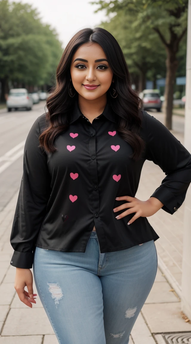 monali thakur Indian beautiful actress curvy plus size hour glass bulky figure woman, closeup camera view, wearing SHEIN LUNE Plus Size Summer Casual Random Heart Print Button-Front Shirt SKU: sz2403229989881898 GBP£9.49 GBP£10.99 -14% Including VAT shein club logo Join Free trial & this item save GBP£0.47 off Color: Black, different style hairstyle, bright eyes, thin eyebrows, fair skin, blushing cheeks, prefect head to toe view, full body view, SHEIN LUNE Plus Size Summer Casual Random Heart Print Button-Front Shirt SKU: sz2403229989881898 GBP£9.49 GBP£10.99 -14% Including VAT shein club logo Join Free trial & this item save GBP£0.47 off Color: Black, smile face, black hair, Indian face, perfect skin tone light, ultra realistic skin texture