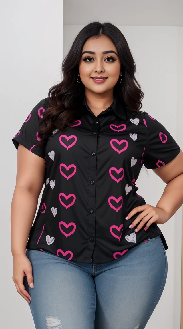 monali thakur Indian beautiful actress curvy plus size hour glass bulky figure woman, closeup camera view, wearing SHEIN LUNE Plus Size Summer Casual Random Heart Print Button-Front Shirt SKU: sz2403229989881898 GBP£9.49 GBP£10.99 -14% Including VAT shein club logo Join Free trial & this item save GBP£0.47 off Color: Black, different style hairstyle, bright eyes, thin eyebrows, fair skin, blushing cheeks, prefect head to toe view, full body view, SHEIN LUNE Plus Size Summer Casual Random Heart Print Button-Front Shirt SKU: sz2403229989881898 GBP£9.49 GBP£10.99 -14% Including VAT shein club logo Join Free trial & this item save GBP£0.47 off Color: Black, smile face, black hair, Indian face, perfect skin tone light, ultra realistic skin texture