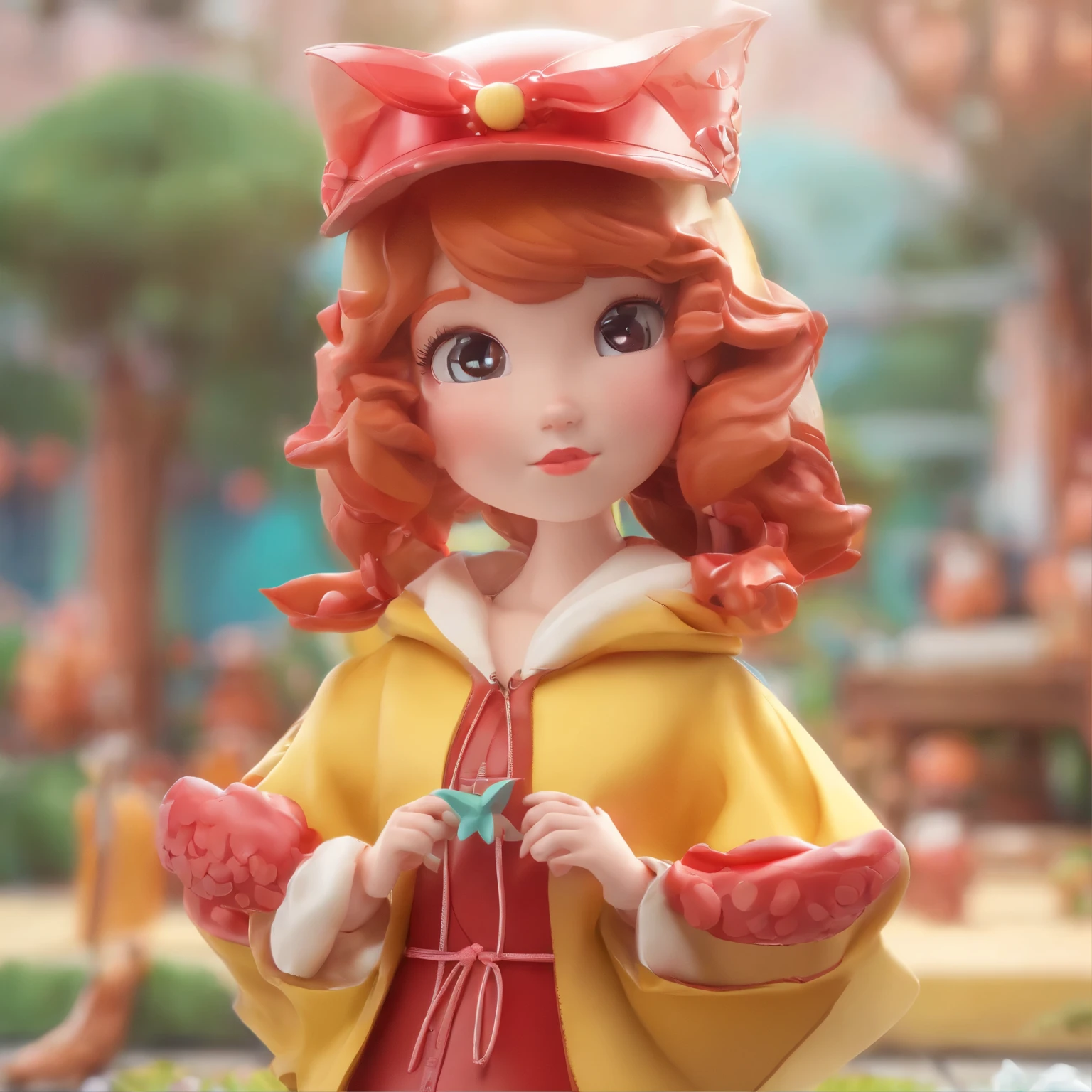 super cute girl IP by pop mart, Bright eyes, cherub,small red dress，redheadwear，Clay, Models, a blind box toy, Glossy and delicate,Clean background, Good gloss, 3D rendering of,Best quality，Nature elves