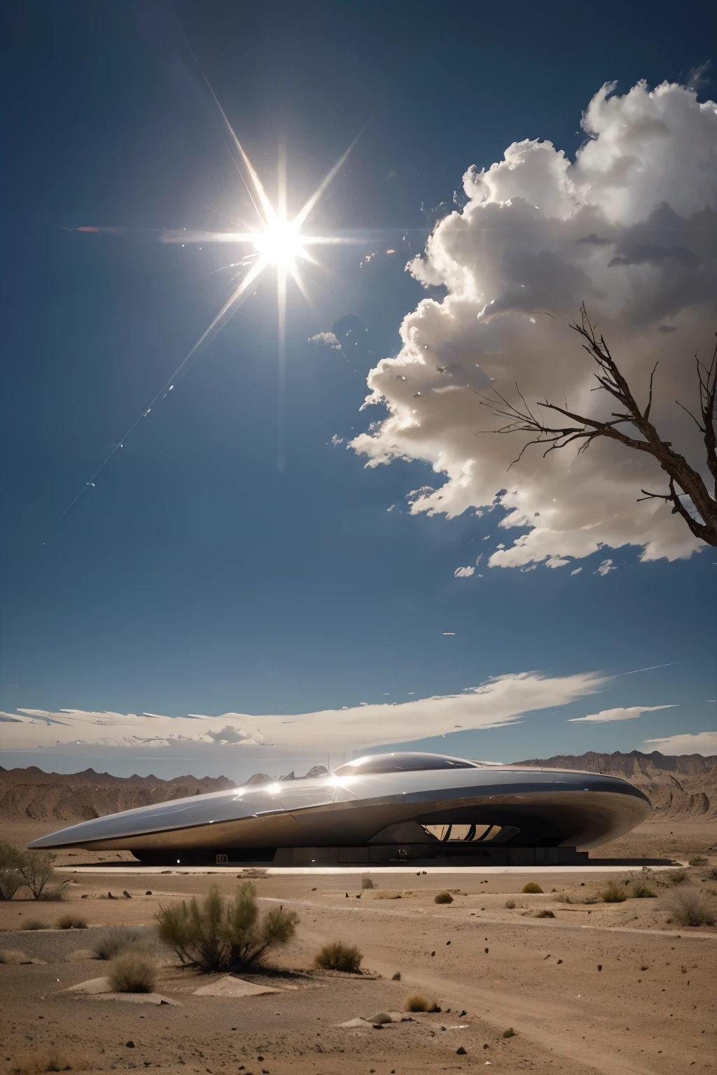 Sci-fi base scene, huge scene, Realistic concept art, wide-angle scene, discoid object, completely smooth, polished metal appearance, Extra-terrestrial spaceship, narrow shape, dim glow, in desert, hovering in the clear sky, clouds bottom