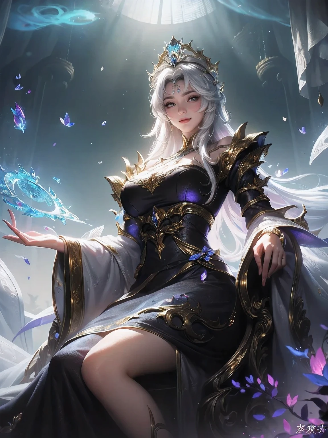 (masterpiece:1.2),best quality,(illustration:1.2),(Super detailed),Ultra Detail,(Fine details),(Intricate details),(light, best quality Backlights),Clear boundaries,From below,Female only,Perfect body,(1 Girl),white hair,Glowing eyes,(Black see-through clothes),(crown:1.1),Sitting on the throne,Close your eyes slightly,look down,Turn your head,( Shy:1.2),((cosmetic)),High contrast,(Optimal lighting, extremely delicate and beautiful),((light)),rich and colorful,