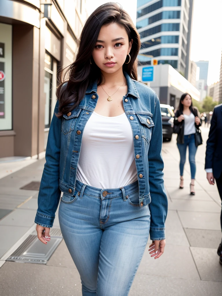 (best quality,ultra-detailed,realistic:1.37),A girl with stylish jeans pants is standing in front of me. She has a strong resemblance to Android 18 from the Dragon Ball series. Her jeans pants perfectly fit her slim figure, highlighting her curves. The pants are unzipped, adding a hint of sensuality. The details of the jeans, such as the stitching, pockets, and buttons, are clearly visible. The fabric has a slight washed-out effect, giving it a worn-in look. The girl's posture is confident, with her hands on her hips, showcasing her attitude. Her perfectly styled hair adds to her allure, flowing down to her shoulders. Her face is beautifully detailed, with captivating eyes that emit a sense of mystery. Her lips are perfectly shaped, accentuating her enchanting smile. In the background, there is a modern urban setting with tall buildings and vibrant city lights. The overall scene is bathed in a soft, warm light, highlighting the girl's beauty. The colors are vivid and saturated, giving the image a lively and energetic atmosphere. As I gaze at this masterpiece, I am struck by the ultra-detailed rendering of every aspect, from the girl's expression to the texture of her clothing. Every element comes together to create a photorealistic portrait that captures the essence of beauty and fashion.