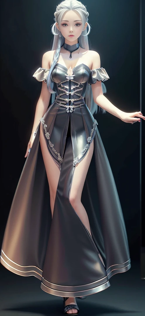 Silver Hair Surrealism, shadow, Character table, Reference Table, Standing painting, 8k, Super Detail, 1080P, Women HD, 4K, 8k, 16k, high resolution, best quality, high quality, Anatomically correct, masterpiece, precise, Ultra HD，grace，Unreal Engine，Delicate face，Long braids，slim，Long legs