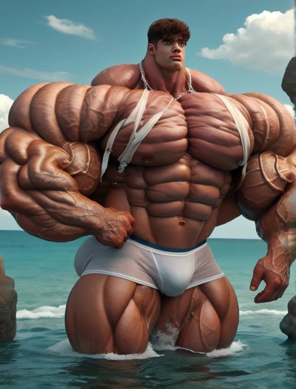 1boy, giant, model shoot style, looking at camera, standing, cool ambience, outdoor, summer season, at the ocean lagoon, cloudy sky, strong body, bulk, large size, standing, white triangular underwear, prominent bulge, big, brutalmass, giant, muscular body, bulk, massive body, large meaty body size. Hyperrealistic