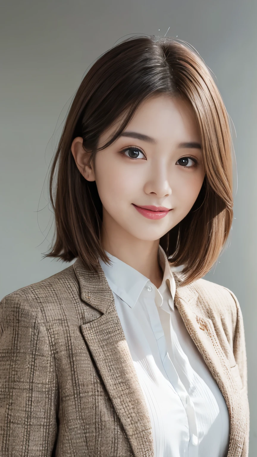 (Very detailedな CG Unity 8k 壁紙, highest quality, Very detailed, Looking at the camera:1.2, The light shines on your face:1.5, Gray background, Professional Lighting), Japanese women, 26 years old, Brightly lit upper body composition of a face. She has an oval face, Soft arched eyebrows, bright expressive eyes,,, pronounced nose, And a friendly smile. Her hair is shoulder-length, straight, Dyed a pale chestnut color. She is wearing a smart casual blouse, Probably soft colors, Pair it with a chic blazer, Embody her lively and sociable personality