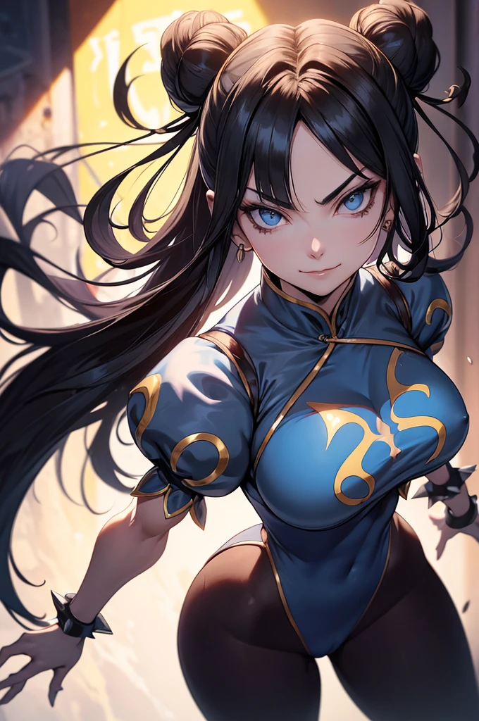 melhor qualidade,roupa azul,chun li,solo, masterpiece, best quality, agrias, grey sweater, black leotard, standing, looking at viewer, short hair,oculos,evil smile, evil look,luvas preta,roupa azul,yandere rosto,low lighting,coxa sarada copo detalhado,olhando para frente juri han,bela,mao detalhada
