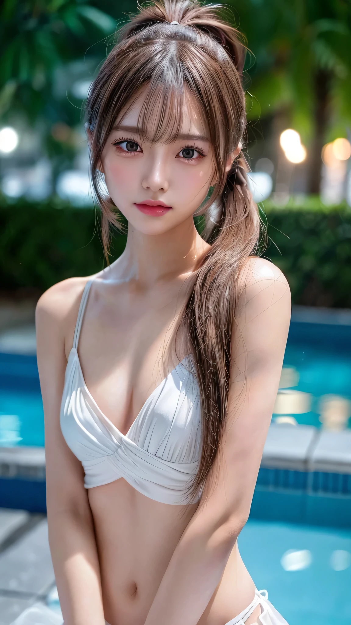 Outdoor,midnight,Very large pool,It's dark outside,Lit up with neon lights,bikini,Blushing,Facing forward,Small breasts,,Long hair ponytail,((8K, Raw photo, Best Quality, Mastepiece:1.2), (Realism, Photorealistic:1.4), (Highly detailed 8K wallpapers), Depth of written boundary, Cinematic Lighting, Soft Light, Detailed Beauty Eye,Shiny and smooth light brown ponytail, Asymmetrical bangs, Shiny skin, Ultra-detailed skins ,It is high resolution., High detail, Detailed hairstyle, Detailed facial beauty, Hyper-realistic, Perfect limbs, Perfect Anatomy ,1 Japanese girl,Famous Japanese Idols, Perfect female body,A shy smile,Short eyelashes,Double-edged eyelids,Look straight here,Hair style: ponytail,