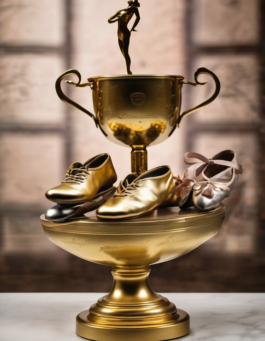 A huge golden trophy with engraved text,A small mountain of worn-out ballet shoes of all kinds,A photo of a ballet dancer