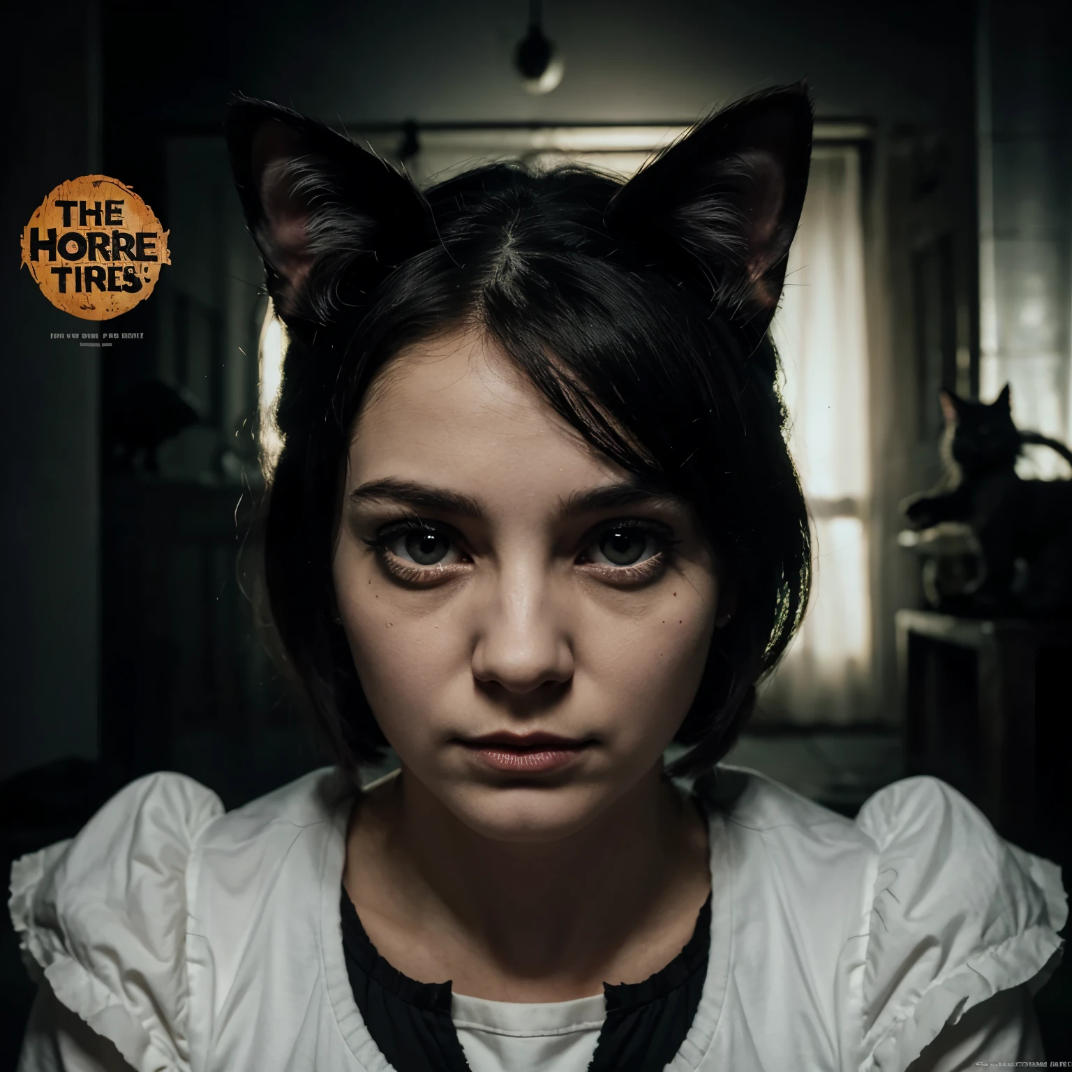 Horror poster in which there is pure darkness and there is a cat that only looks at its white eyes and its ears, only looks at its outline in the style of Poppy Playtime and that the title is The dark truths