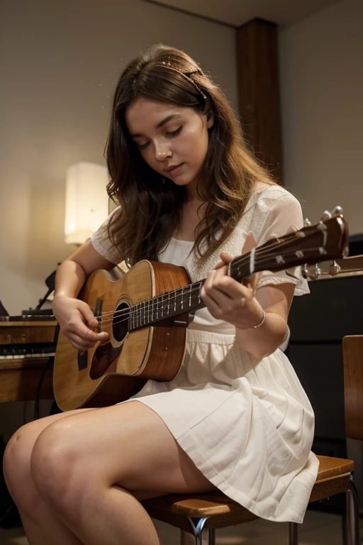 Of course, voici une description plus longue :
--- On a stage lightly lit by dim lights, une jeune fille est assise sur un tabouret en bois, tenant une guitare acoustique contre elle. Her slender, agile fingers move gracefully across the strings, producing a sweet and haunting melody. She has long, curly hair that cascades over her shoulders., sometimes pushed back slightly by moving the head to the rhythm of the music. Chaque mouvement semble naturel, as an extension of his inner passion.
His eyes are closed, deeply focused on the music she creates, comme si elle était transportée dans un autre monde. A slight smile floats on his lips, révélant son amour et sa passion pour l'instrument. She is wearing a simple but elegant dress, d'un bleu pastel qui contraste harmonieusement avec le bois chaleureux de sa guitare. Les manches de sa robe se terminent par une dentelle délicate qui bouge doucement à chaque accord qu'elle joue.
Chaque note qu'elle joue résonne avec une clarté et une émotion qui captivent son audience, faisant taire toute autre distraction dans la pièce. Ses pieds nus tapotent doucement le sol, marquant le tempo de la mélodie. La salle est remplie d'un silence respectueux, brisé seulement par le son pur de la guitare et le murmure occasionnel de ses paroles chantées doucement. Son chant est doux, almost ethereal, like an intimate whisper intended for each person present.
The lights reflect on the shiny varnish of his guitar, creating little bursts that dance to the rhythm of the music. Elle joue avec une telle aisance que cela semble presque facile, bien que l'expression concentrée sur son visage montre toute la maîtrise et l'effort derrière chaque note. His thumb and fingers pluck the strings with precision, produisant une harmonie parfaite entre les accords et les mélodies.
Elle termine sa pièce avec un dernier accord, letting the notes fade into the