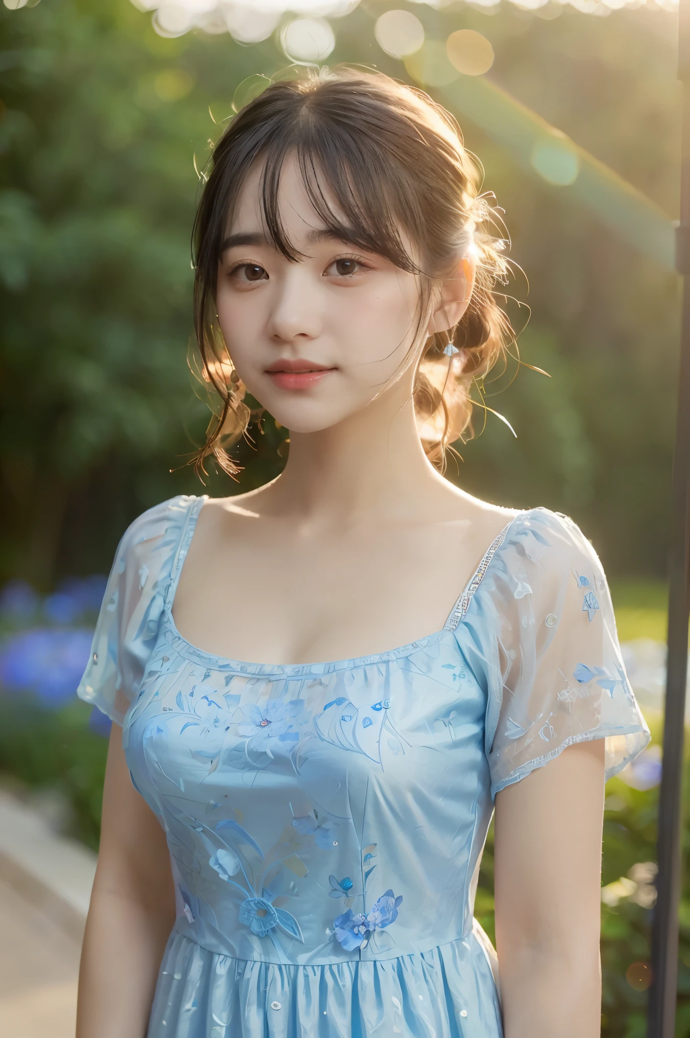 art by Cornflower, dreamy (A girl with beautiful and detailed eyes. The depth of field in the photo is perfect, the lens flare adds a nice touch, {{side breast:2}}}, a soaky dress