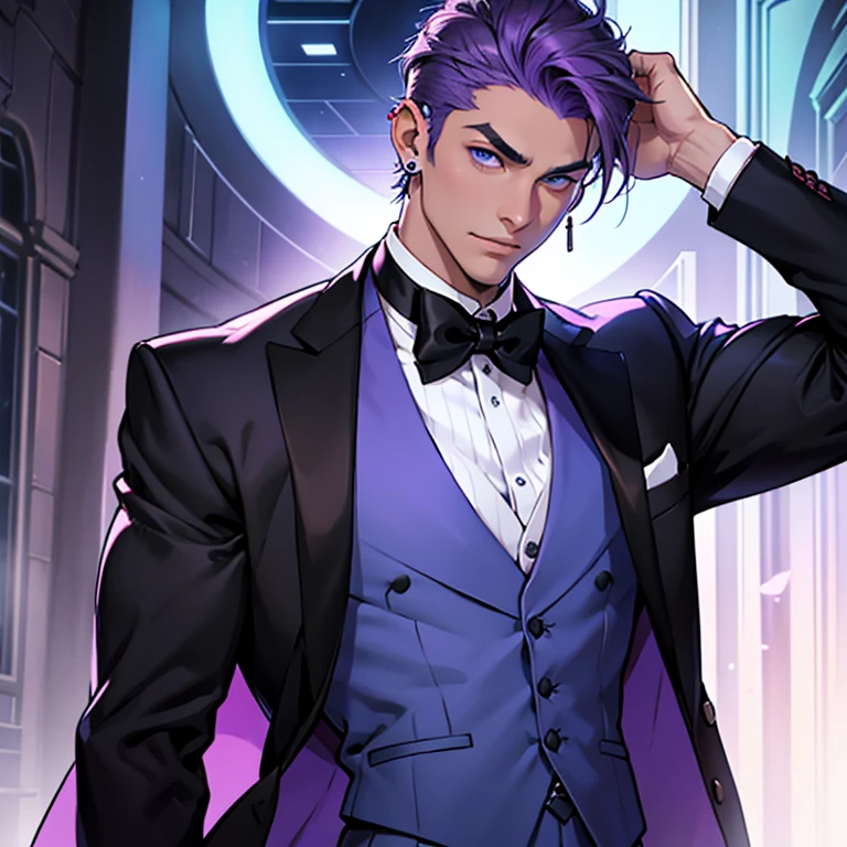 Tall young man, manly face, light complexion, blue eyes, strong eyebrows, short violet hair, ear piercings, formal suit with bow tie and sleeveless vest, black shirt