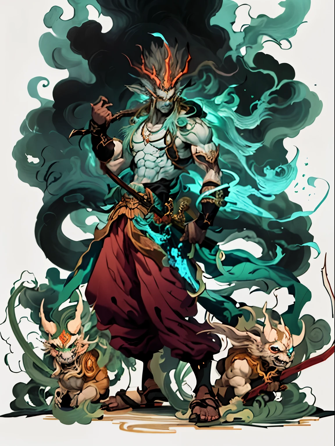 a drawing of a man with a sword and a demon, lindo deus masculino da morte, Mohrbacher, Inspired by Shunkōsai Hokushū, in the art style of Mohrbacher, asura from chinese myth, o deus do caos, Inspired by Ryukōsai Jokei, in style of peter Mohrbacher
