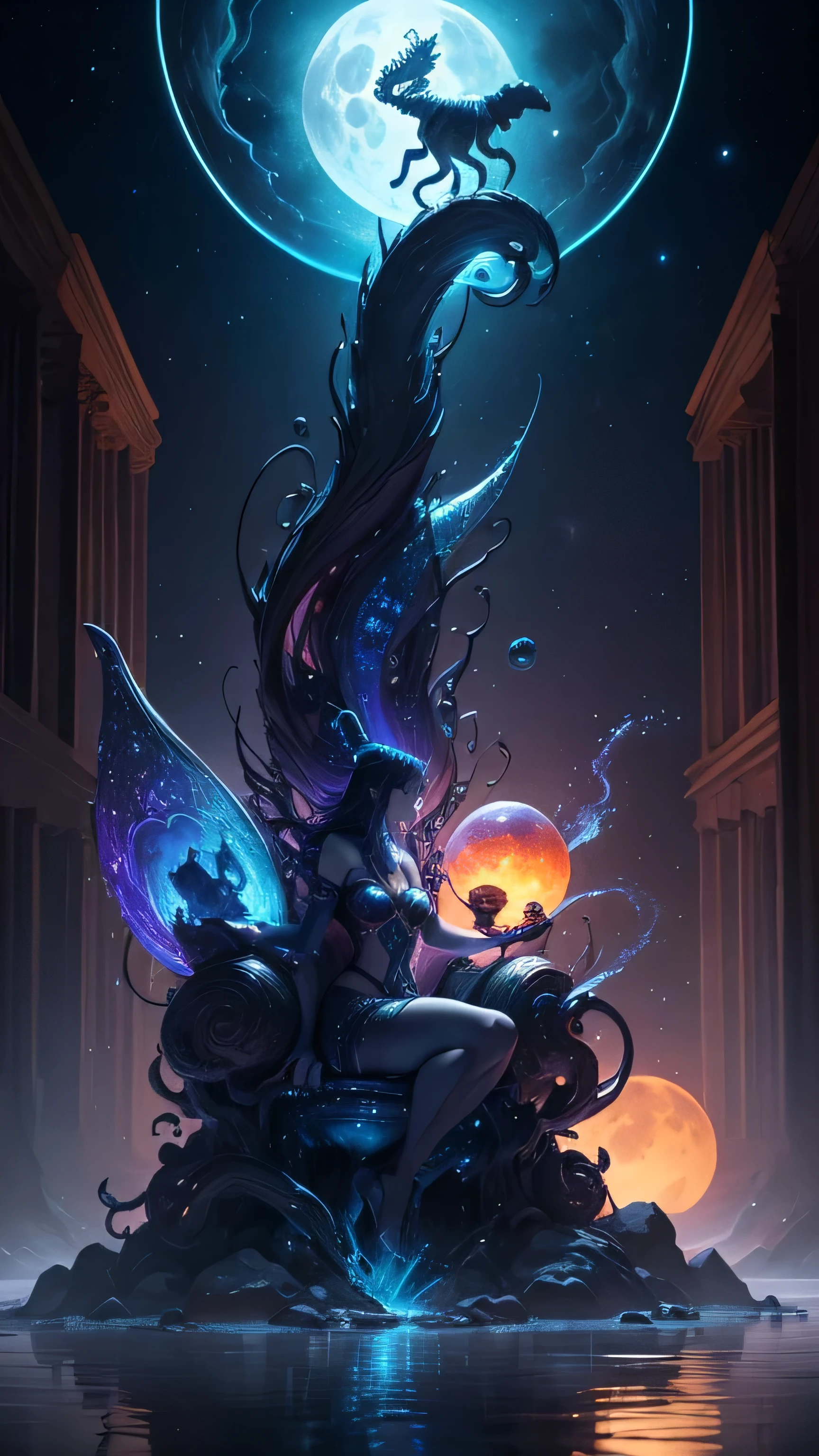 A mystical and artistic depiction featuring a giant scorpion emerging from water, seemingly interacting with a female figure who is pouring water from an amphora. The scene is set against a celestial backdrop with a glowing full moon and surrounded by zodiac symbols. The colors are vibrant, dominated by blues and purples, creating a dreamy, cosmic atmosphere.