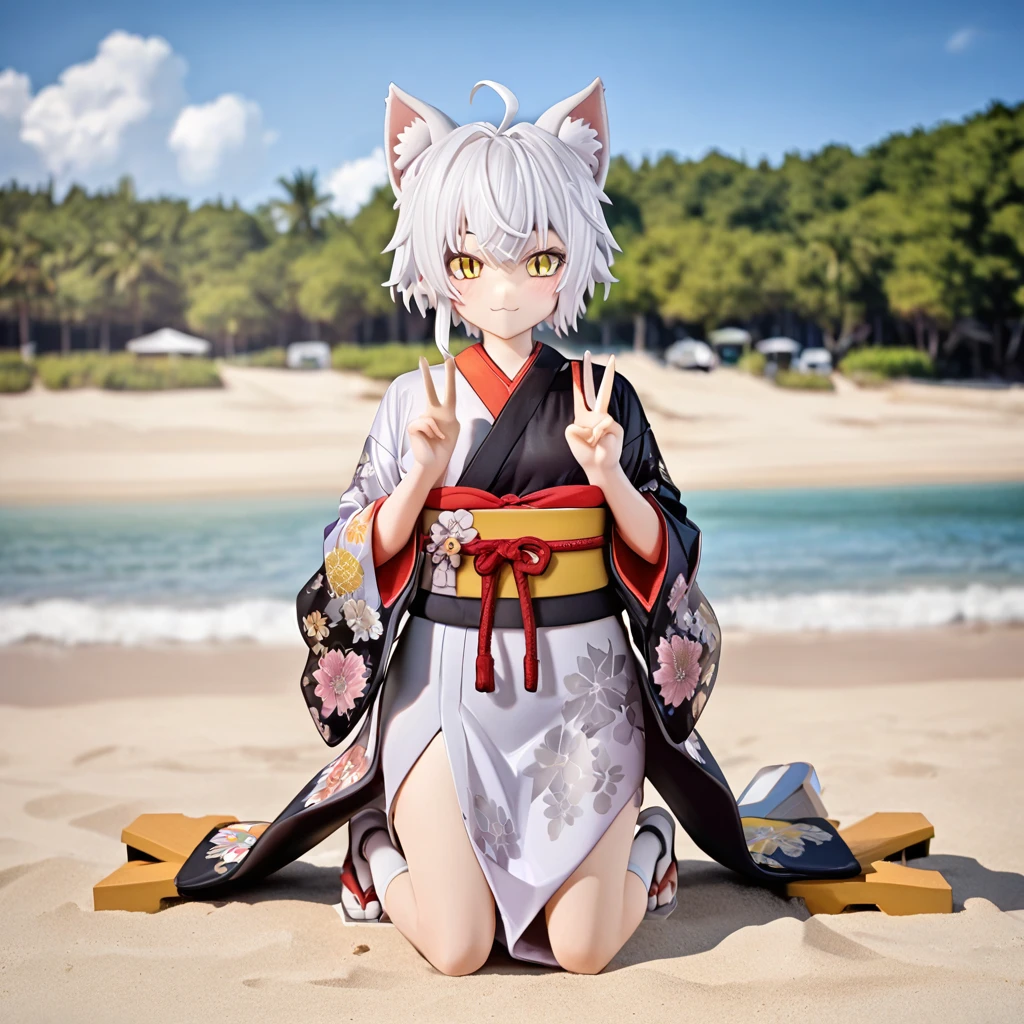 cat_boy,1boy,split color kimono,[(white kimono:1)|(black kimono:1.2)|(red lapel:0.7)],animal ears,white hair, short hair with a single long lock,ahoge,yellow eyes,slit pupils, dot nose, obi , white hakama skirt, white tabi socks, white geta sandals with red straps, crane and floral patterns on kimono,solo,alone,beautiful background,sea,beach,summer,tree,happy,water,dyanmic pose,V,focus on face,close up,