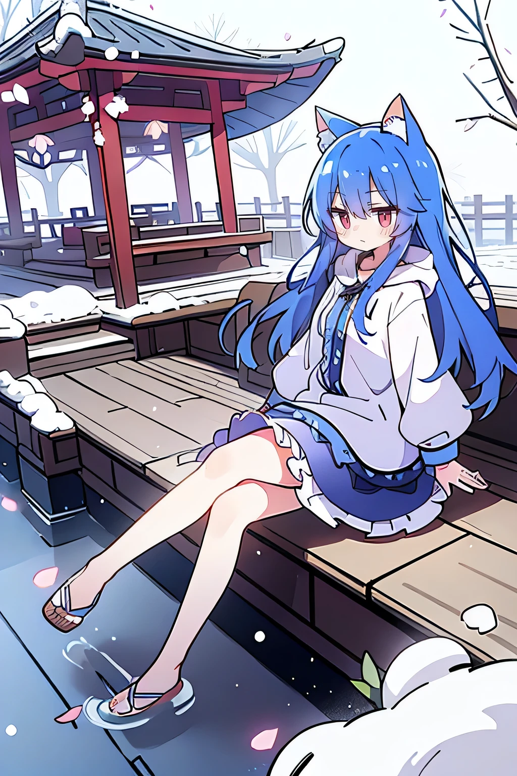 （masterpiece：1.2），Super detailed，lifelike，Expressive eyes，fair skin，perfect face shape，1 girl，
Japanese comics,Gorgeous blue hair,flowing blue hair,flowing clothes,Cat ears,Petals fall,beautiful lola,Baby Angel,
Cross your legs，Gentle and peaceful background，The pavilion is cool and comfortable,smile, wearing hoodie, background of tokyo,back views,snowing, winter.