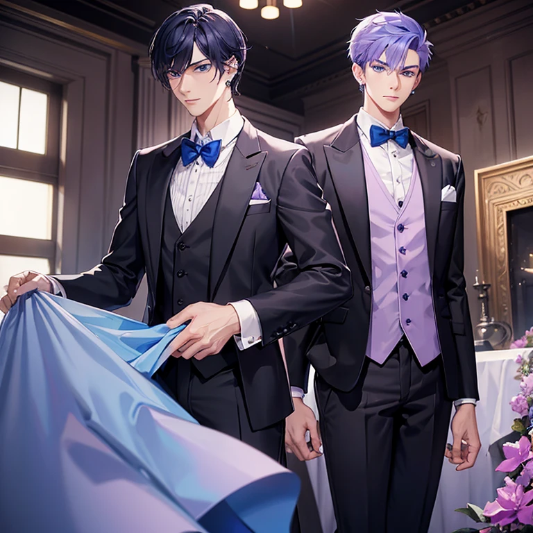 Tall young man, manly face, light complexion, blue eyes, strong eyebrows, short violet hair, ear piercings, formal suit with bow tie and sleeveless vest, black shirt